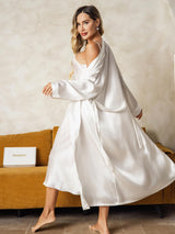 [Bianco] SilkSilky-IT Manica lunga Scollo a V Set camicia e vestaglia 002
