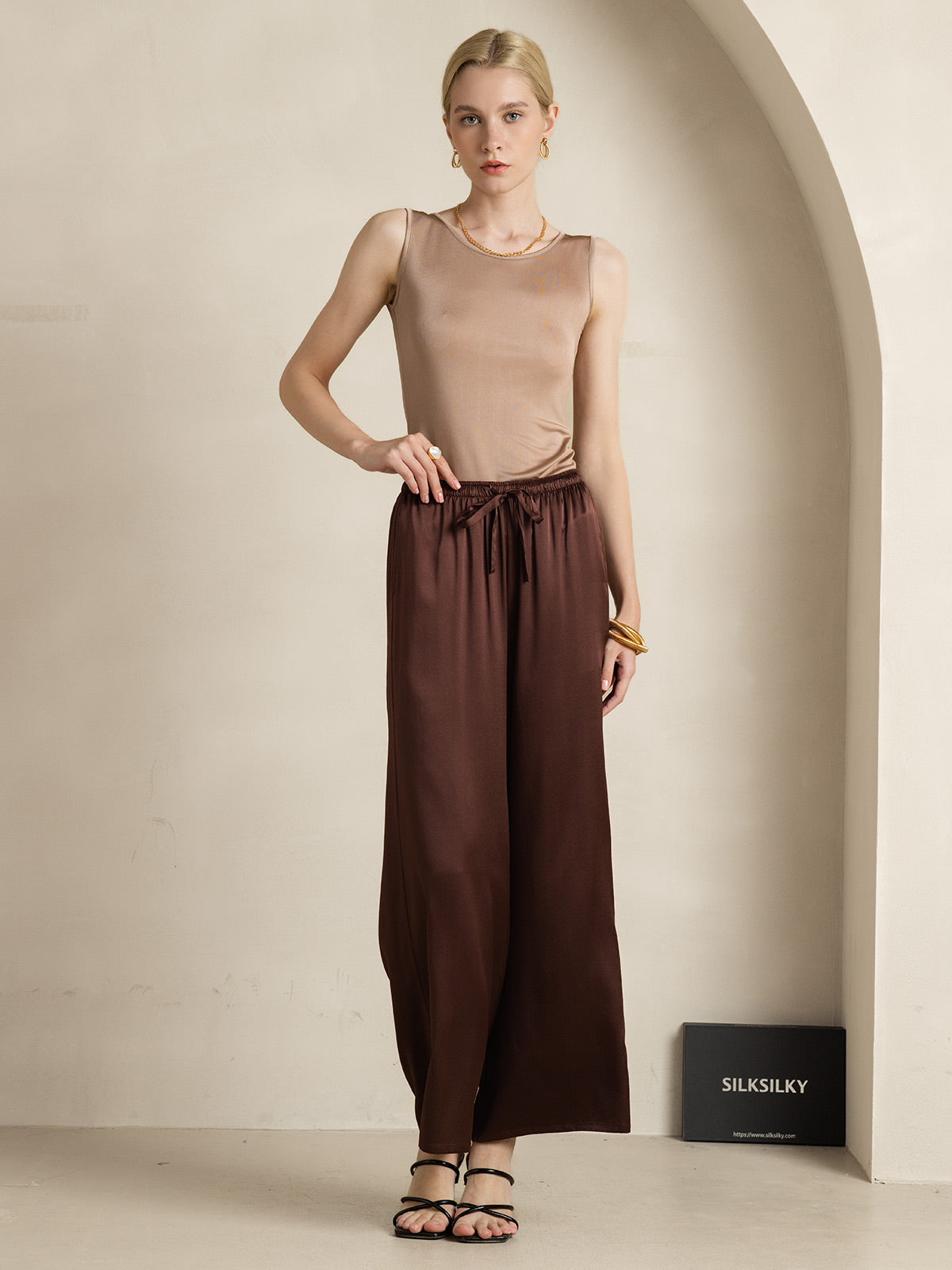 [Caffè] SilkSilky-IT Maglia di seta Senza maniche Round Neck Magliette donna 008