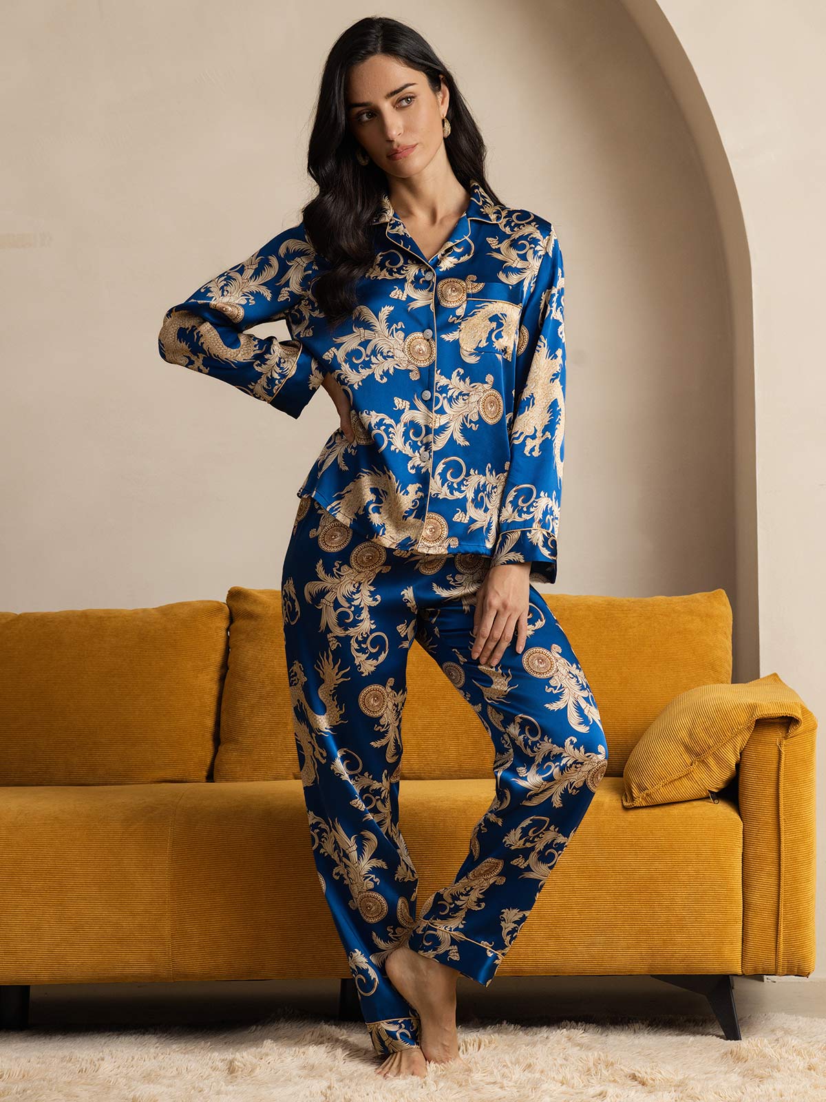 [Drago Navy] SilkSilky-IT Seta pura Womens Pajamas 006