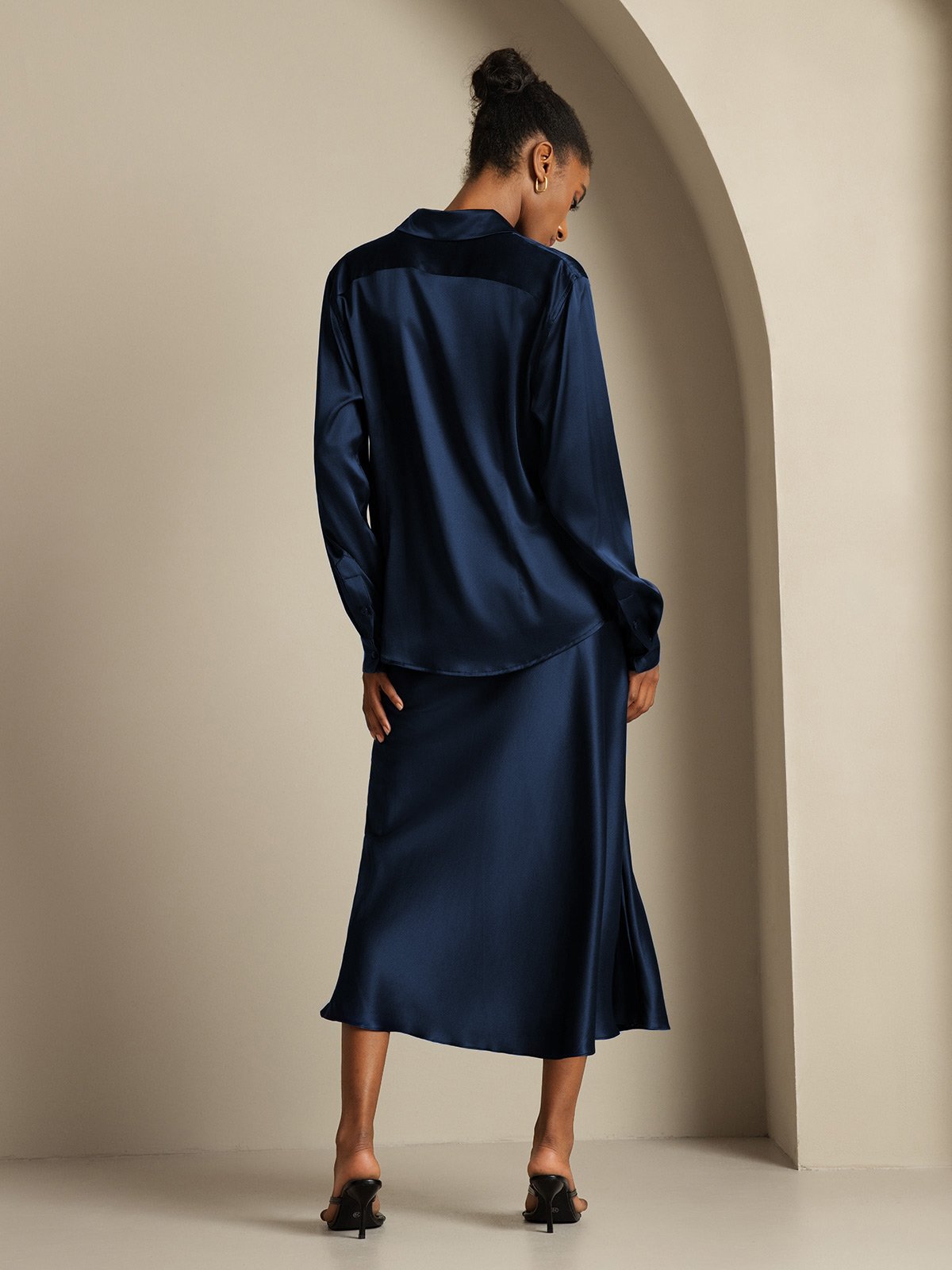 [Blu Scuro] SilkSilky-IT 19Momme Seta Colletto risvolto Women''s Outfit Sets 002,