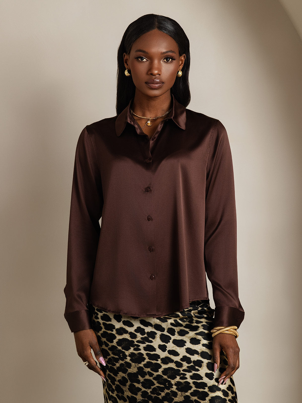 [Marrone] SilkSilky-IT Seta Colletto risvolto Camicie da donna 003