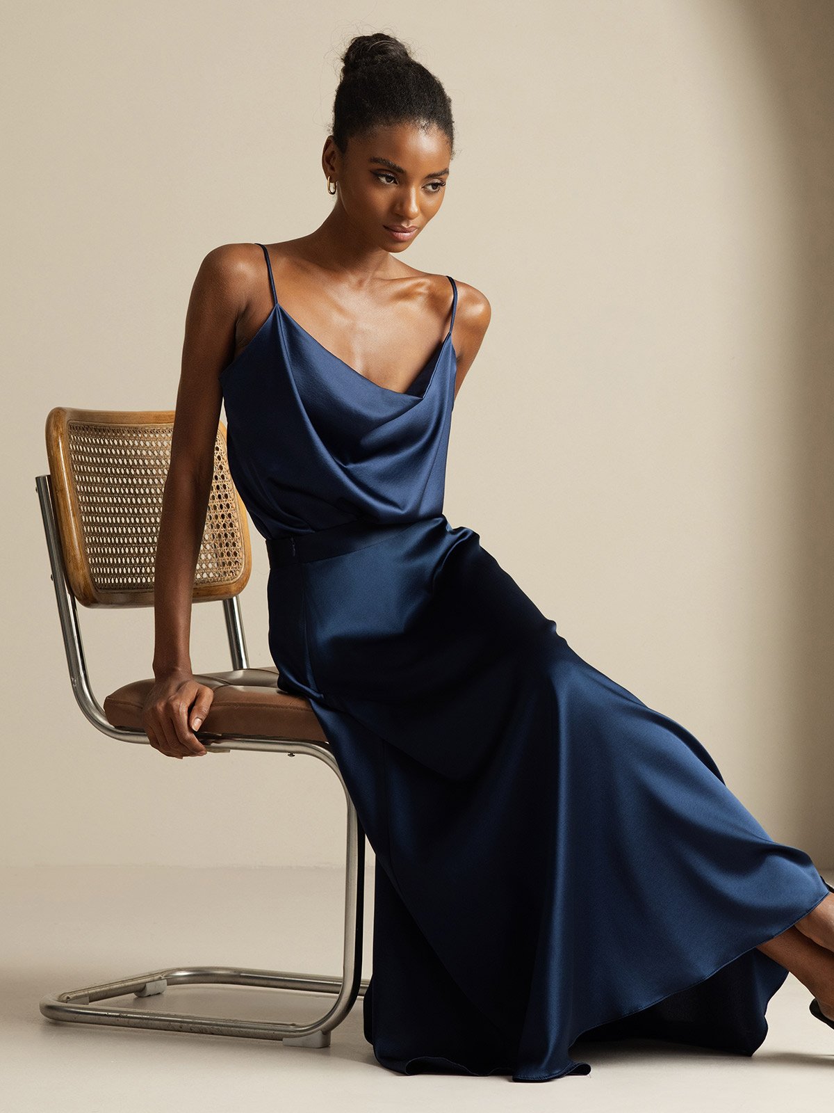 [Blu Scuro] SilkSilky-IT 19Momme Tirantes Finos Collo drappeggiato Women''s Outfit Sets 001