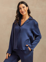 [Blu Scuro] SilkSilky-IT 19Momme Manica lunga Collo a Taglio Pigiami da donna 007