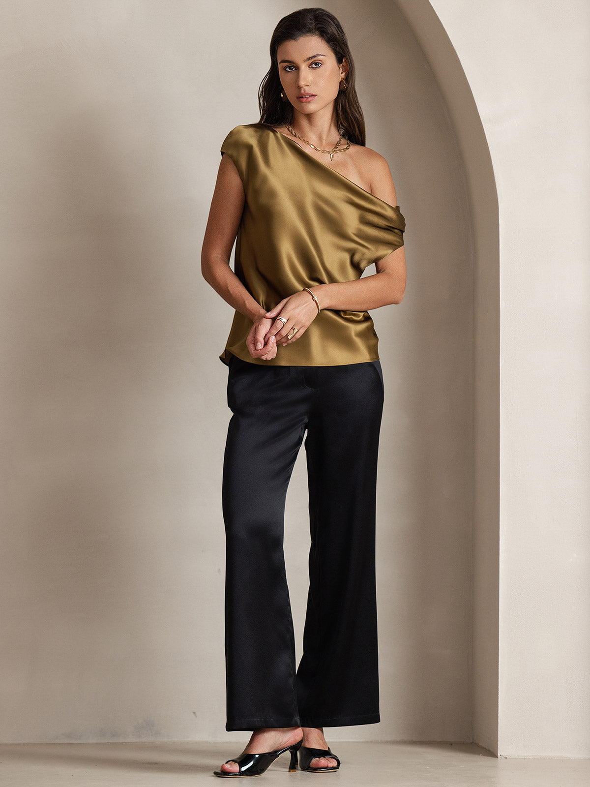 [Marrone] SilkSilky-IT 19Momme Seta Womens T-Shirt 007