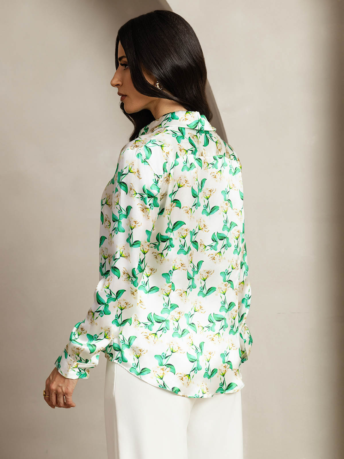 [Floreale Verde] SilkSilky-IT Seta Colletto risvolto Camicie da donna 002