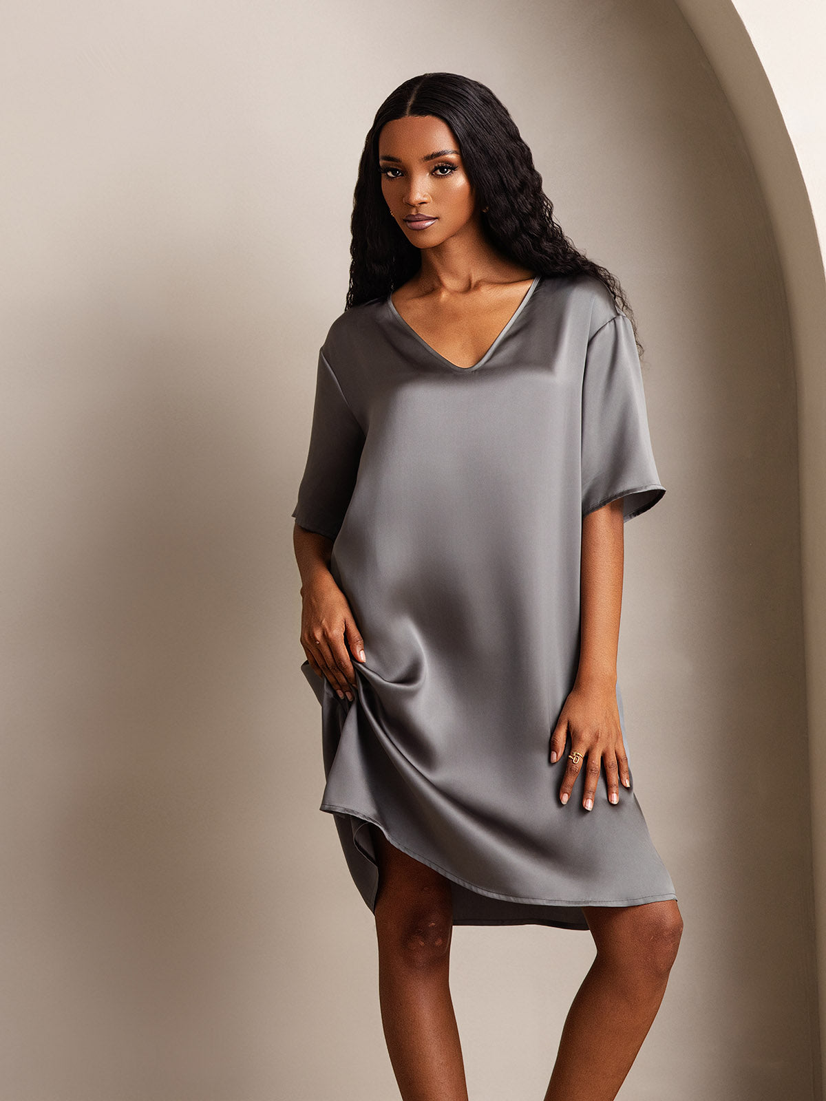 [Grigio Scuro] SilkSilky-IT Seta pura Collo a V Camicia da notte 008