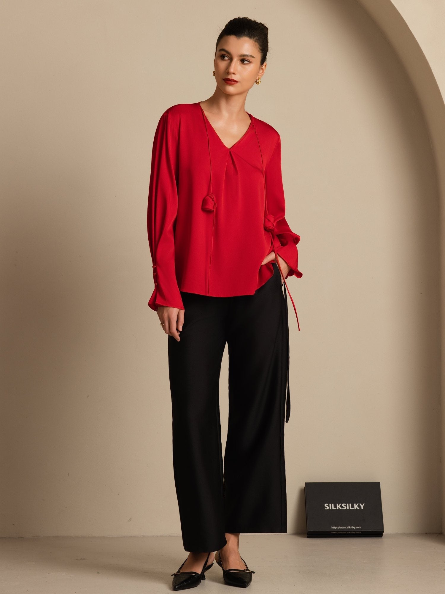 [Vino] SilkSilky-IT 19Momme Seta Manica lunga Scollo a V Camicette 001