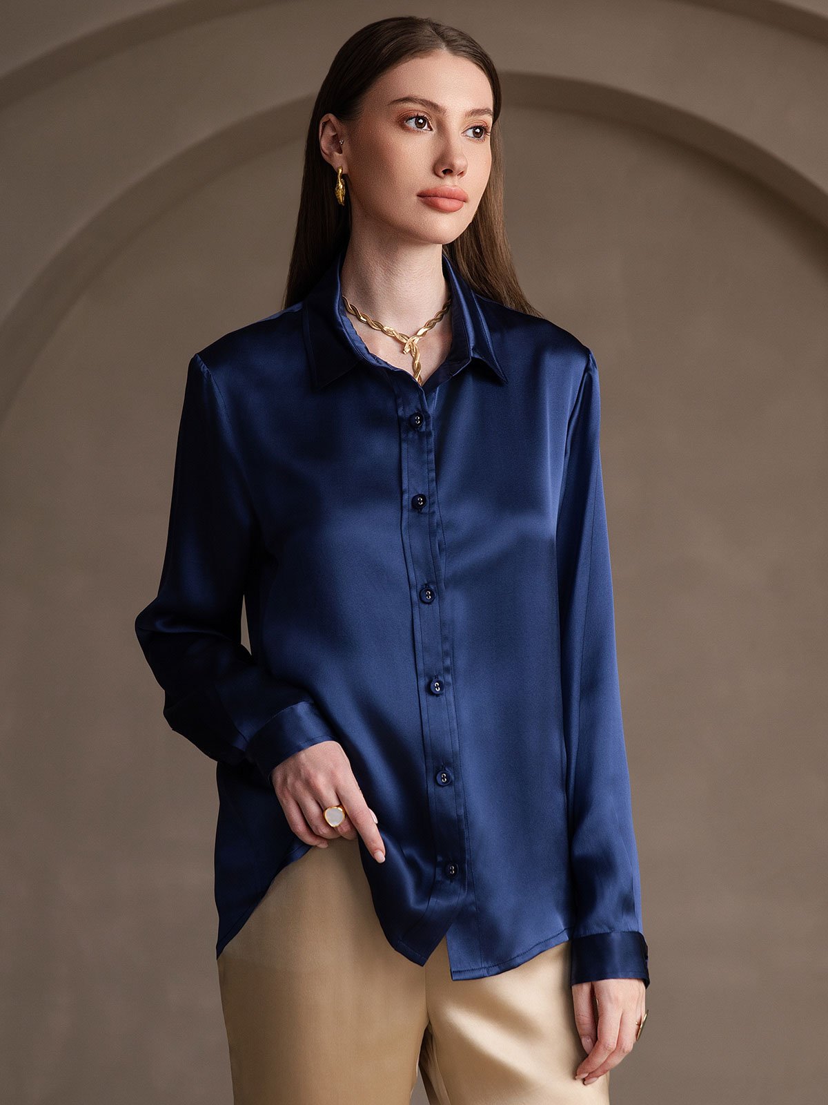 SilkSilky-IT 19Momme Seta Manica lunga Colletto risvolto Camicie da donna BluScuro 003