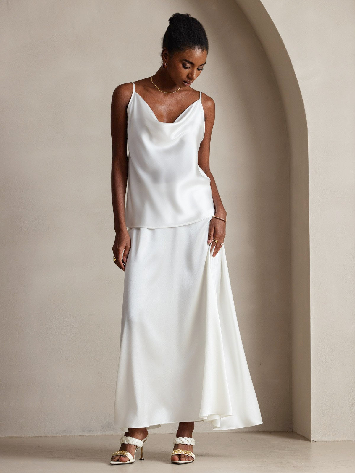 [Bianco] SilkSilky-IT 19Momme Tirantes Finos Collo drappeggiato Cami 008