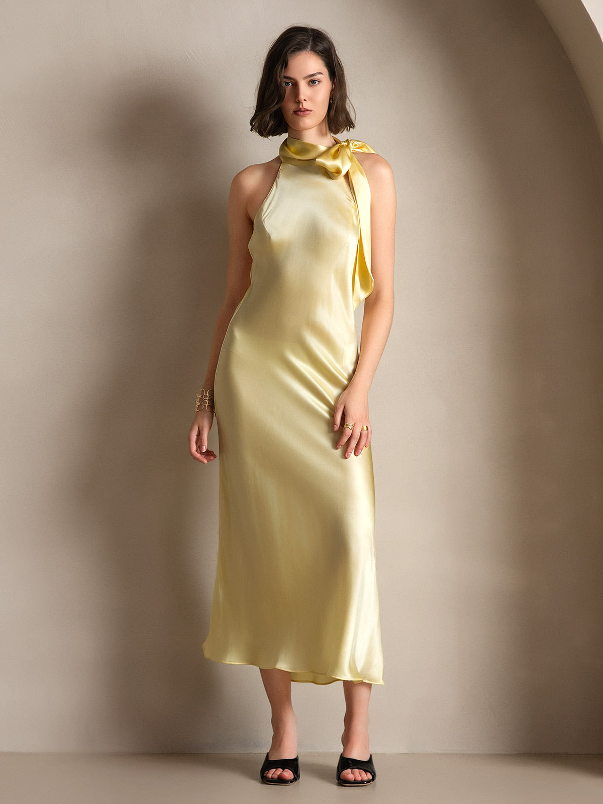 SilkSilky-IT 19Momme Seta Senza maniche Nodo al collo Vestiti da donna GialloChiaro 001