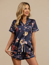 [Floreale Blu Navy] SilkSilky-IT Maniche Corte Collo a Taglio Pigiami da donna 005