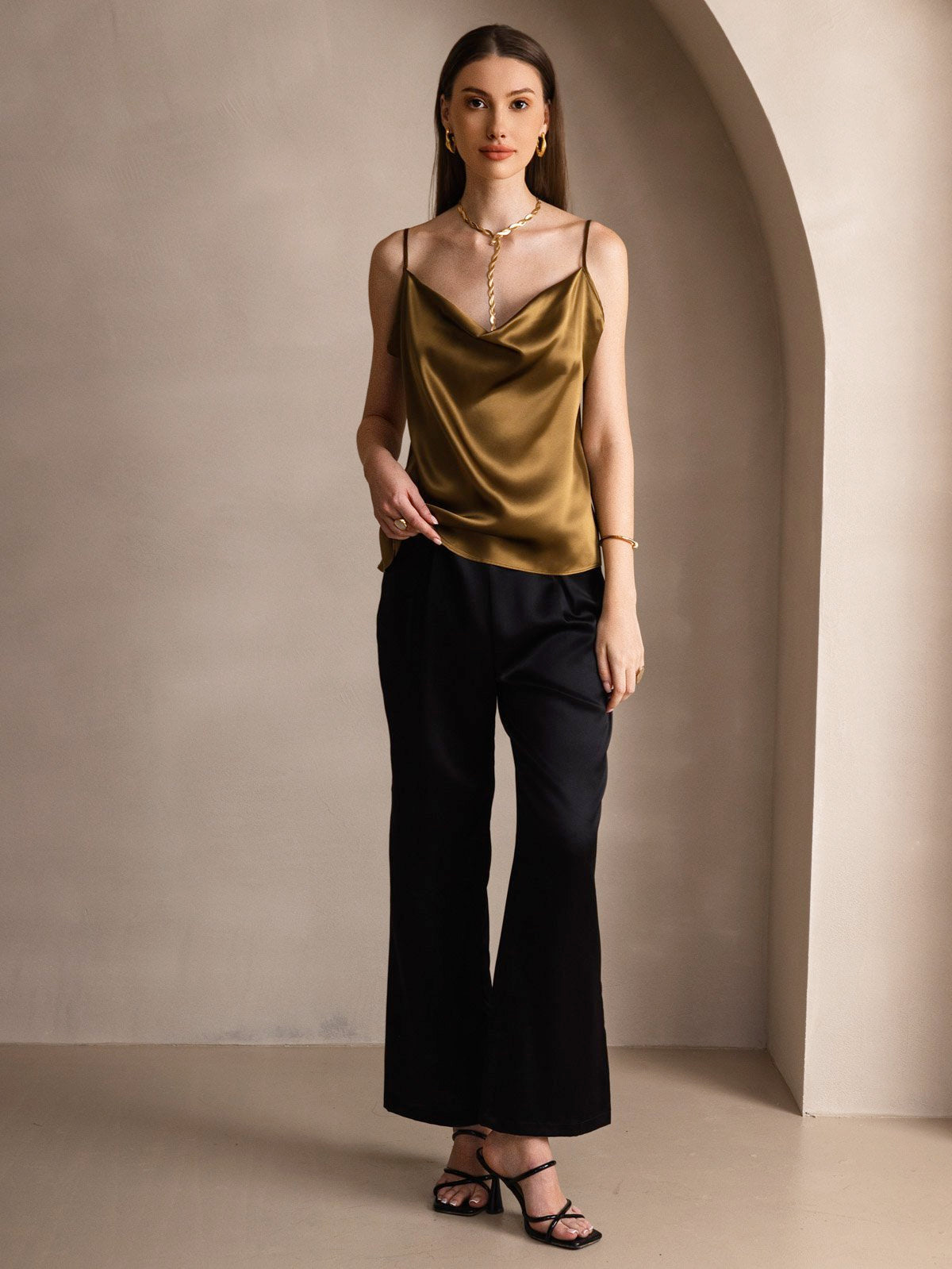 [Marrone] SilkSilky-IT 19Momme Tirantes Finos Collo drappeggiato Cami 005