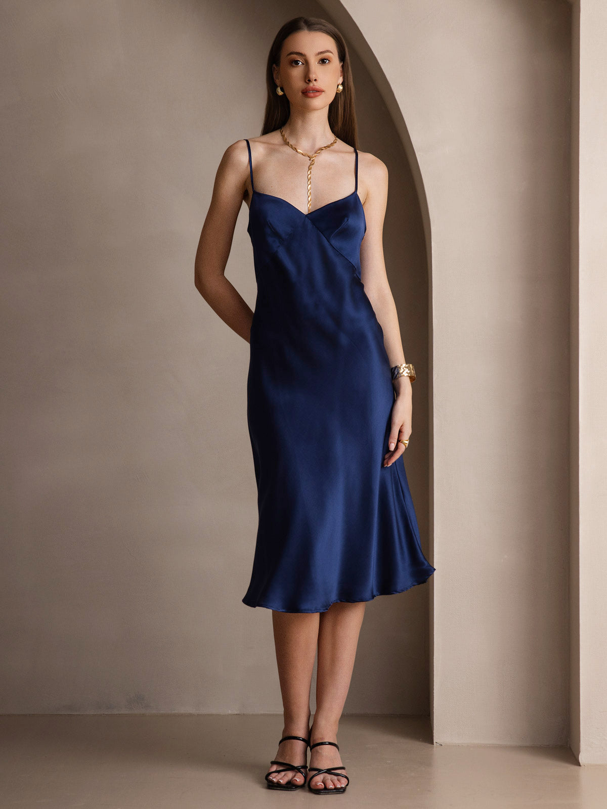 [Blu Scuro] SilkSilky-IT 19Momme Seta pura Collo a V Vestiti da donna 001