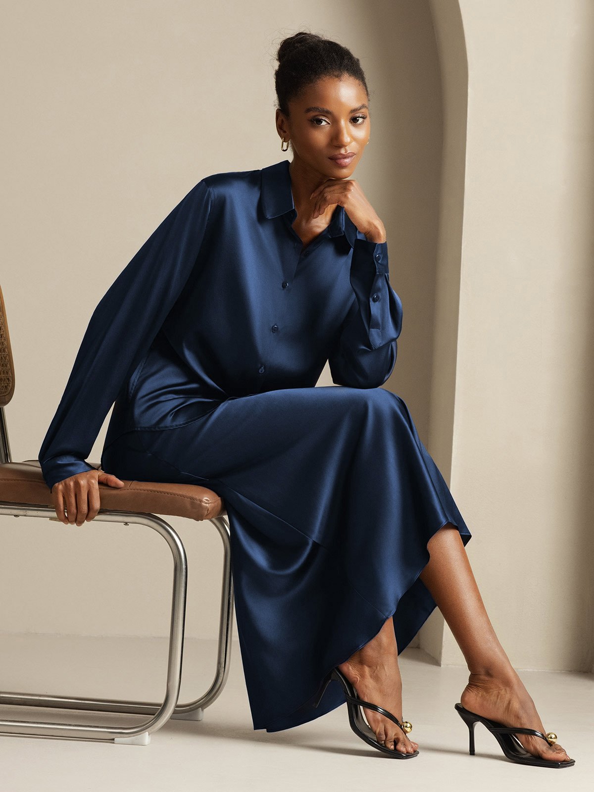 [Blu Scuro] SilkSilky-IT 19Momme Seta Colletto risvolto Women''s Outfit Sets 008,