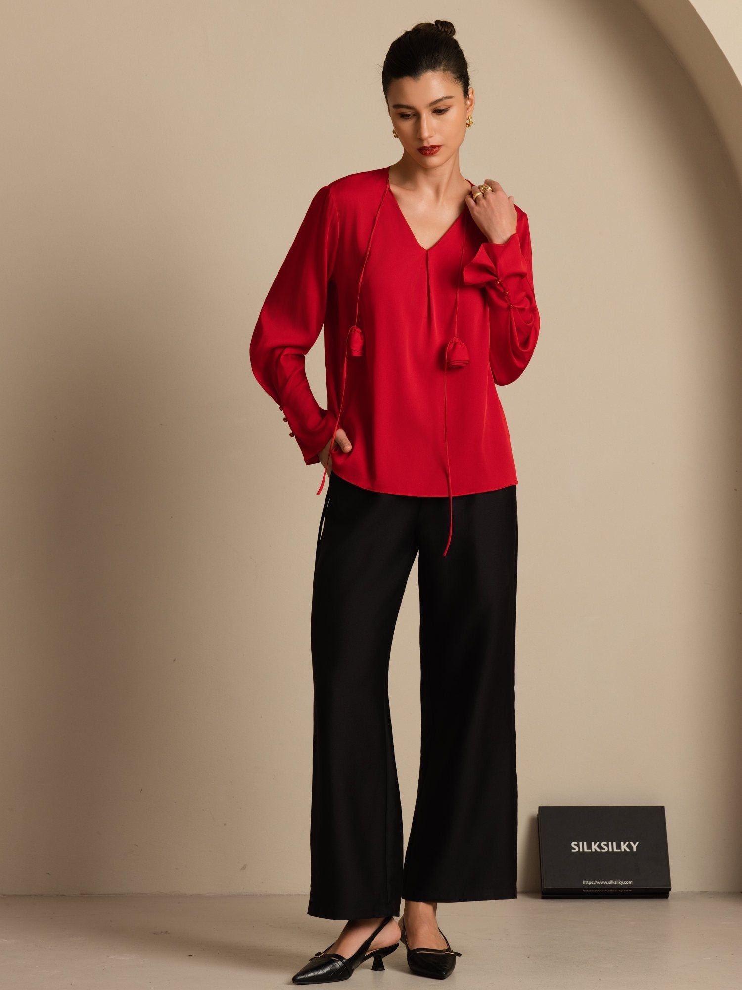 [Vino] SilkSilky-IT 19Momme Seta Manica lunga Scollo a V Camicette 008