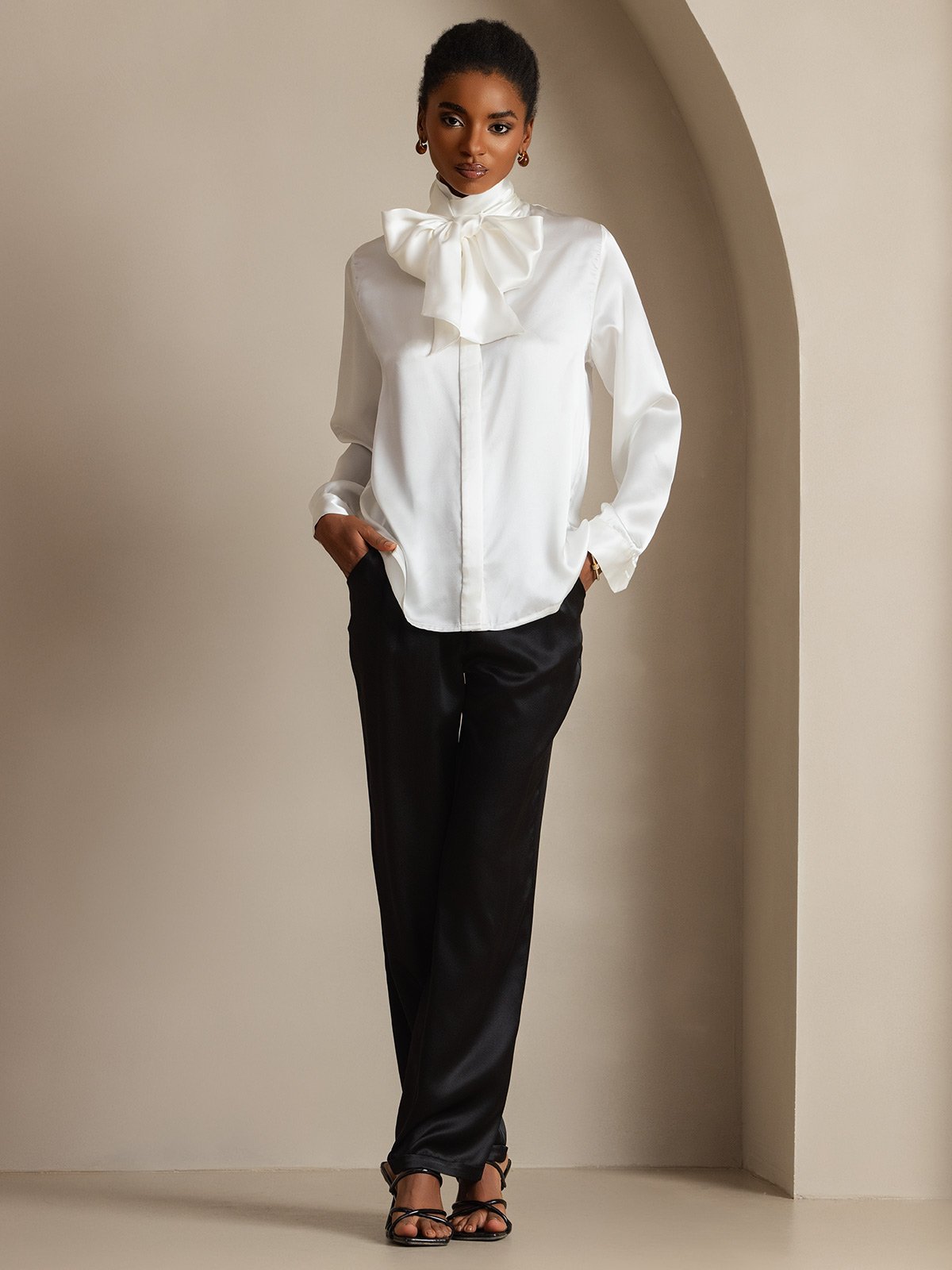 [Bianco] SilkSilky-IT 19Momme Seta Manica lunga Blouse 007