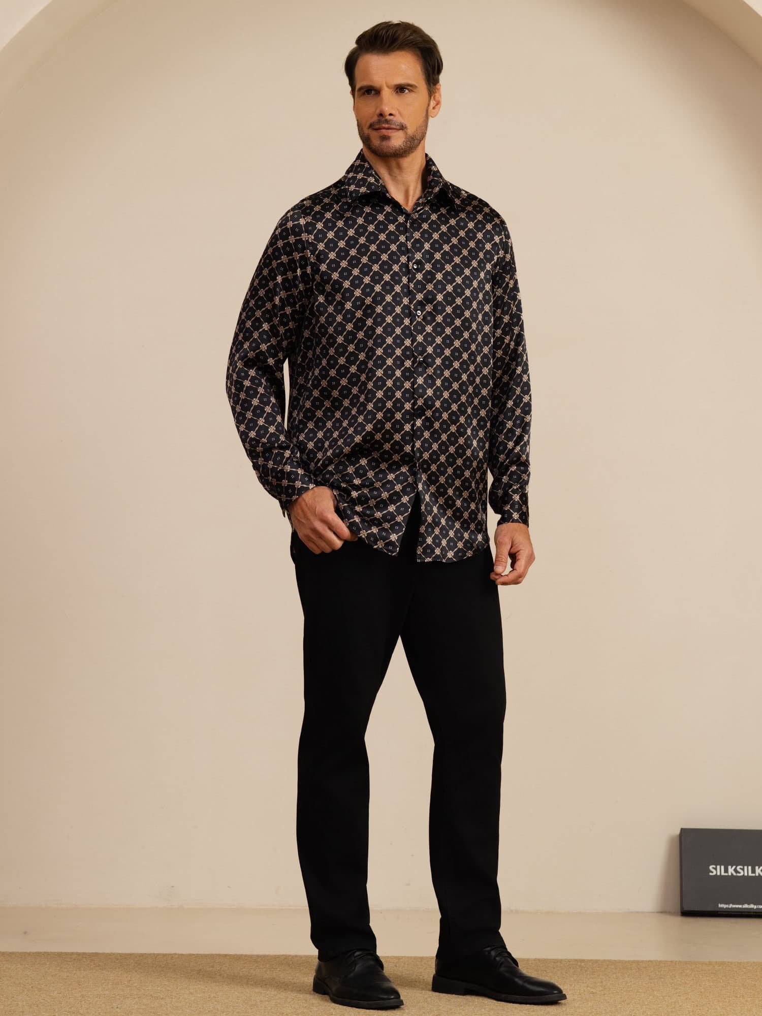 [Catena Nera] SilkSilky-IT Manica lunga Colletto con Revers Camicia da uomo 001