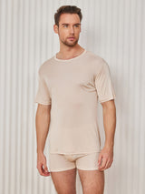 [Beige] SilkSilky-IT Maniche Corte Collo Rotondo Aderente Maglietta da uomo 001