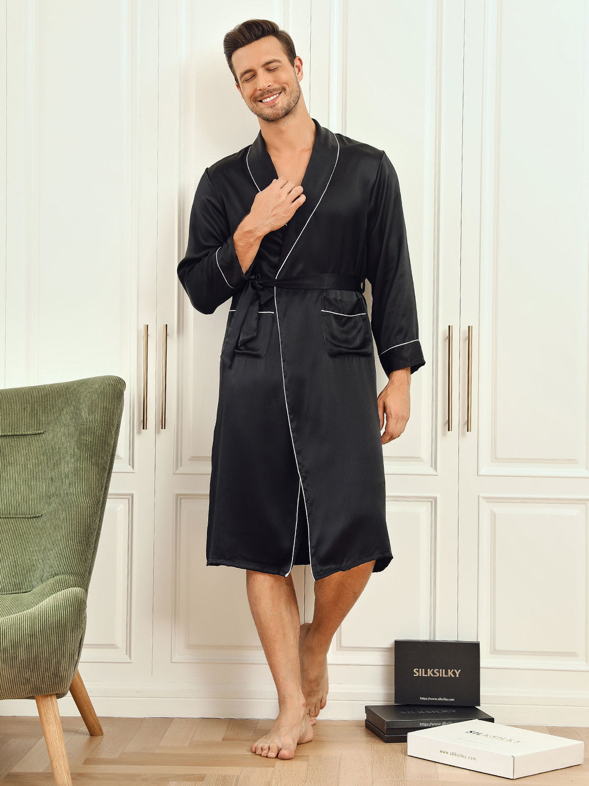 [Nero] SilkSilky-IT 19Momme Manica lunga Mens Robe 001