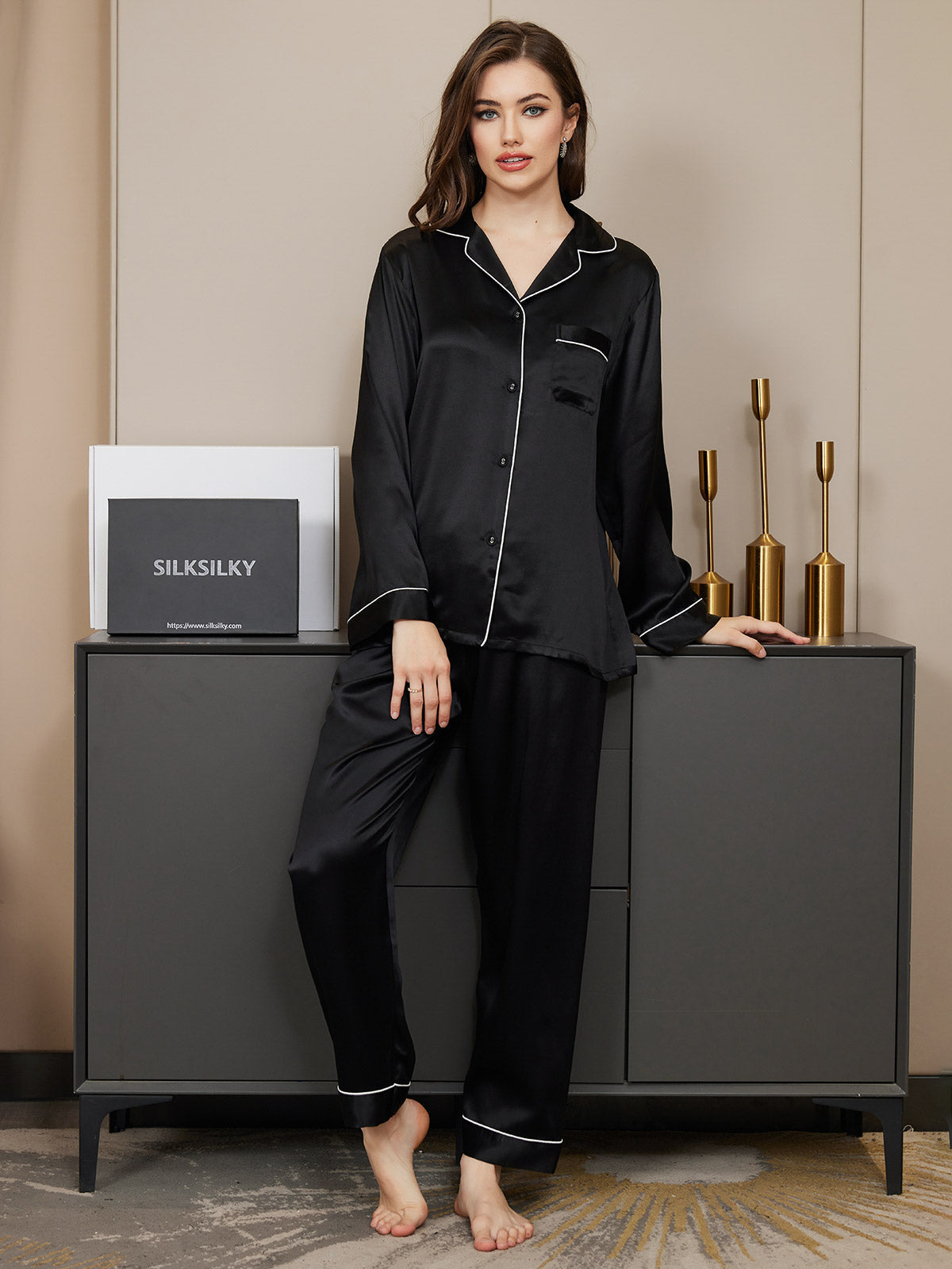 [Nero] SilkSilky-IT Manica lunga Collo a Taglio Pigiami da donna 005