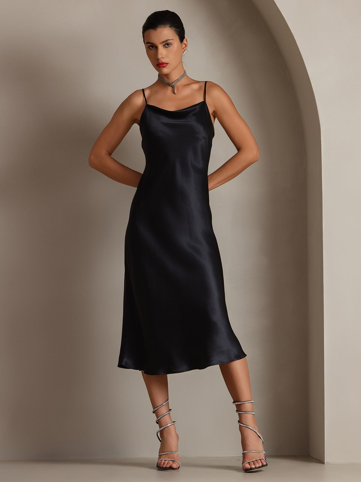 [Nero] SilkSilky-IT Tirantes Finos Collo drappeggiato Vestiti da donna 001