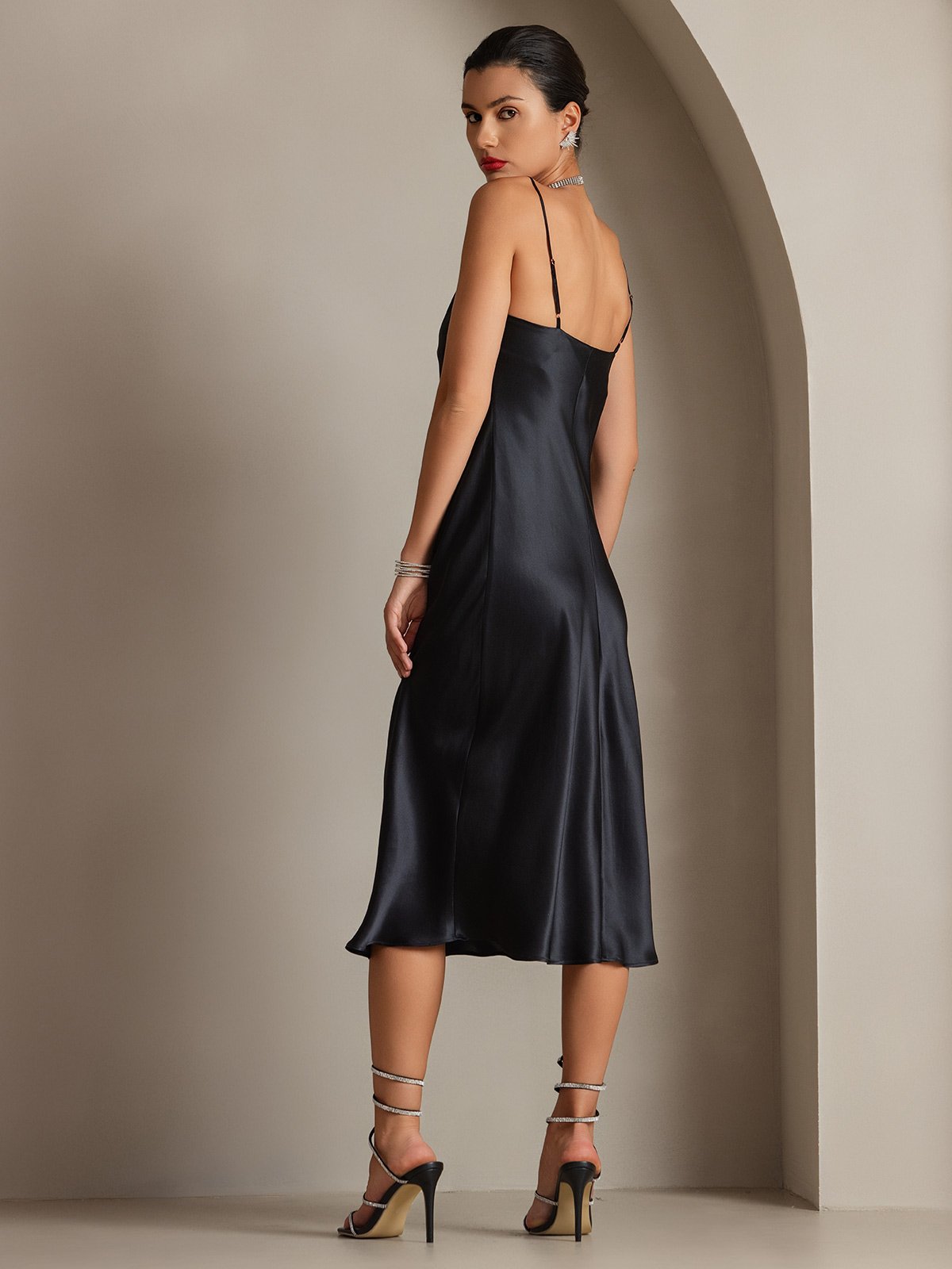 [Nero] SilkSilky-IT Tirantes Finos Collo drappeggiato Vestiti da donna 002