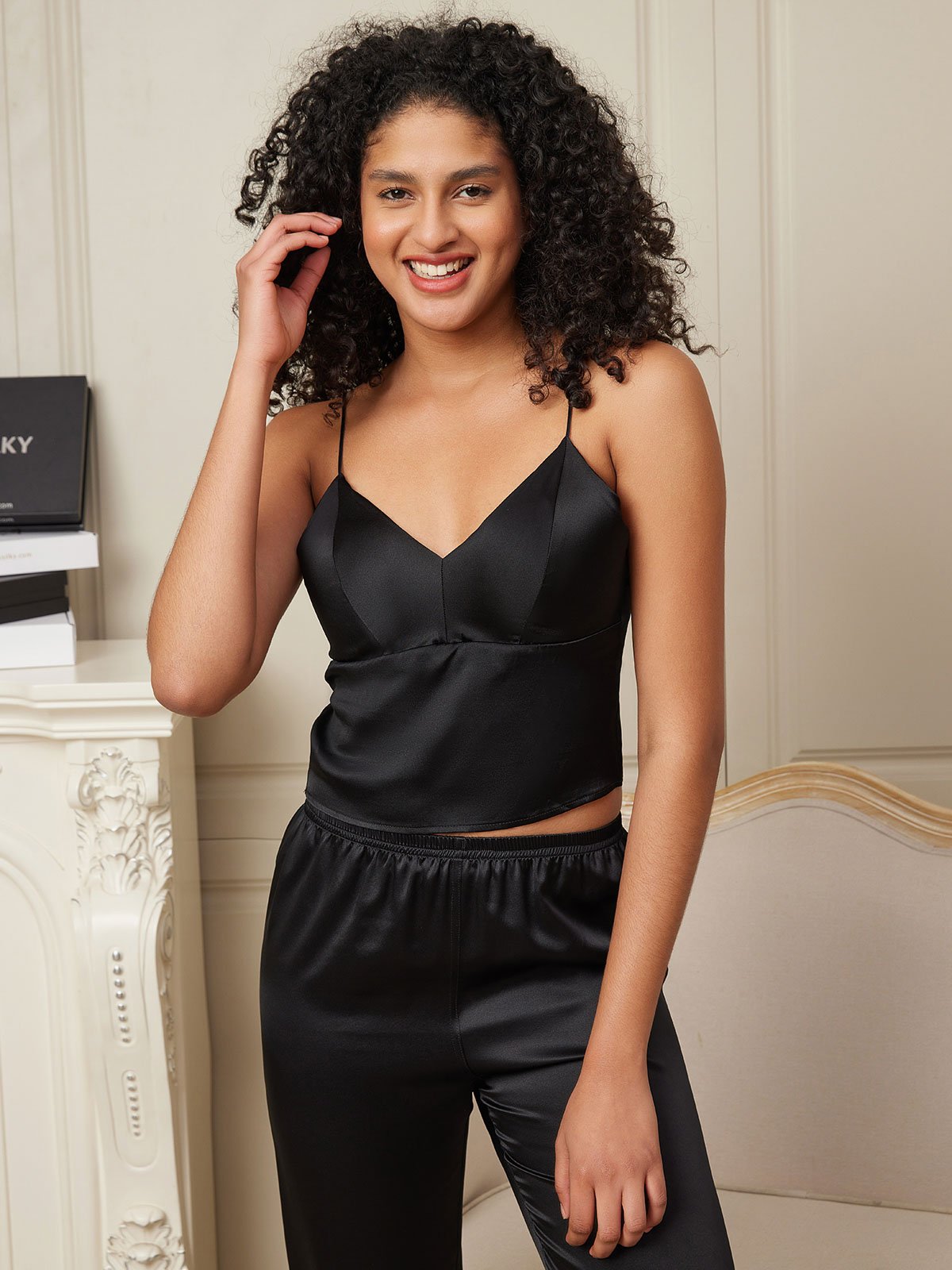 [Nero] SilkSilky-IT Tirantes Finos Scollo a V Cami 005