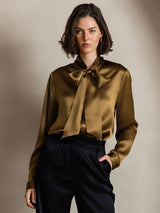 [Marrone] SilkSilky-IT Long Sleeve Tie Neck Bluse 003