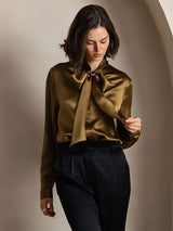 [Marrone] SilkSilky-IT Long Sleeve Tie Neck Bluse 005
