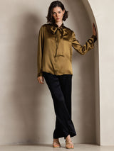 [Marrone] SilkSilky-IT Long Sleeve Tie Neck Bluse 006