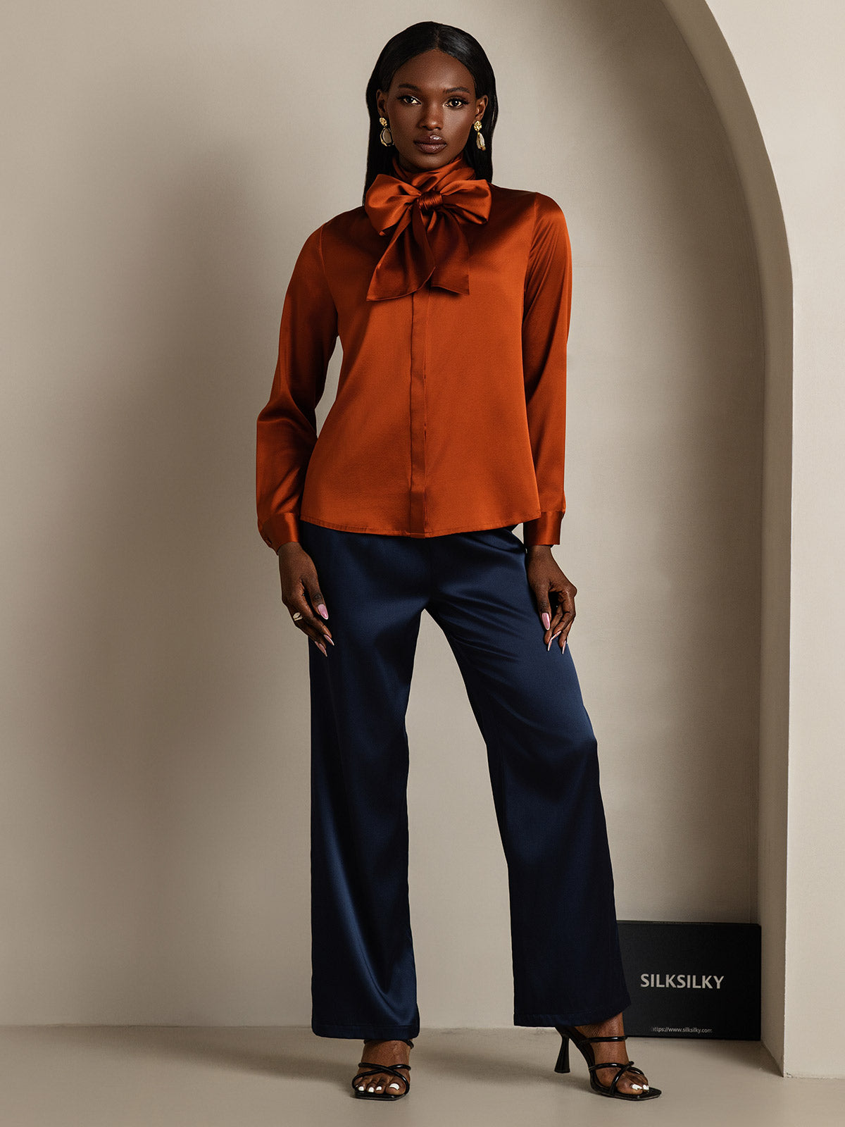 [Caramello] SilkSilky-IT 19Momme Manica lunga Camicette 007