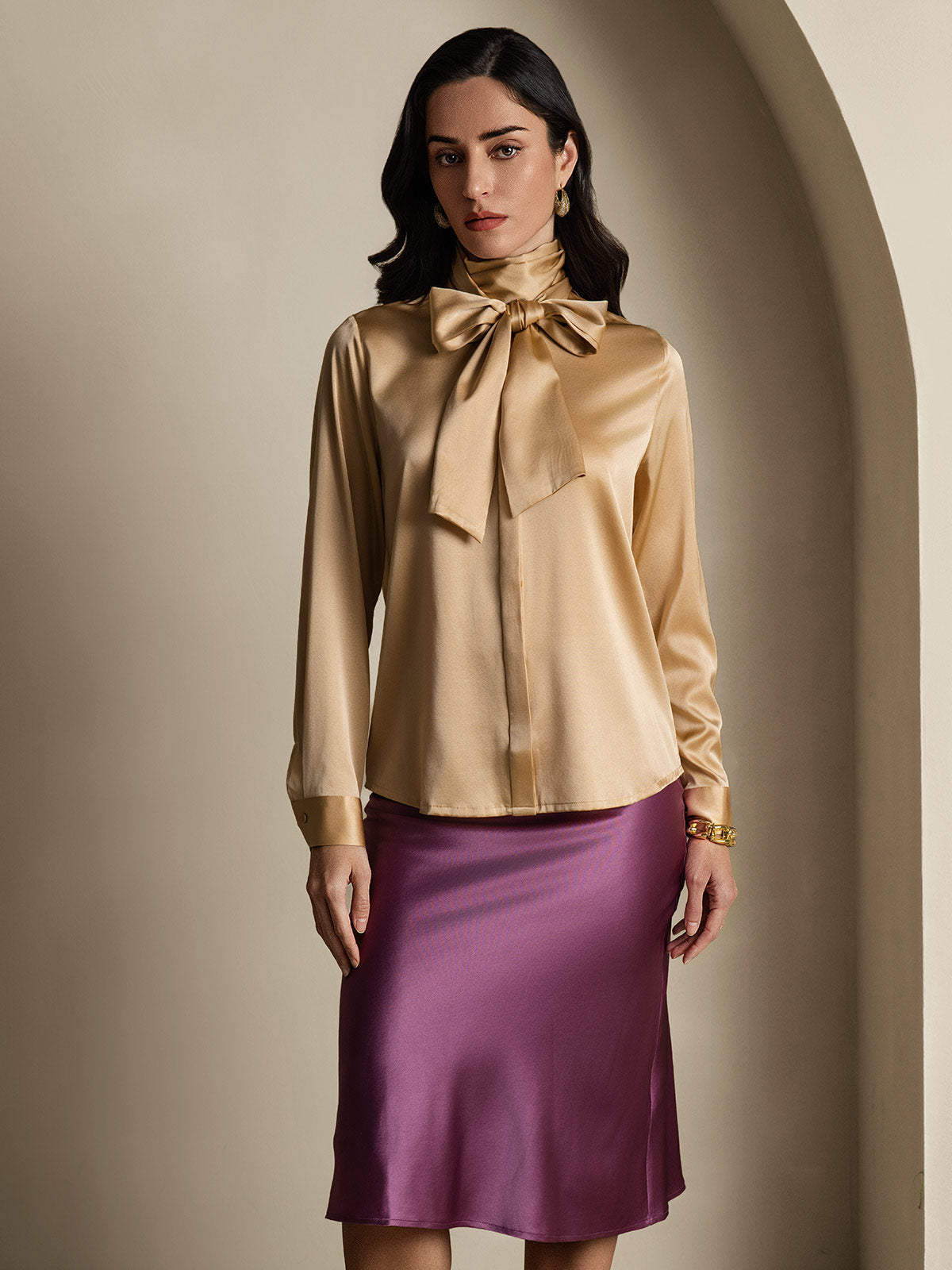 [Champagne] SilkSilky-IT 19Momme Manica lunga Camicette 001