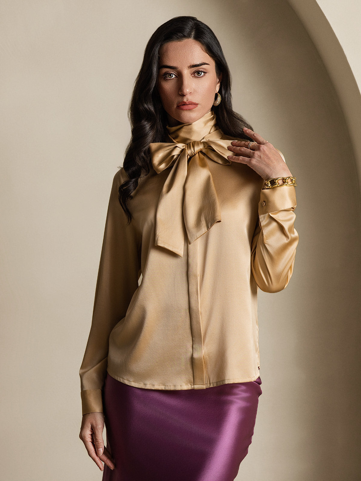 [Champagne] SilkSilky-IT 19Momme Manica lunga Camicette 004