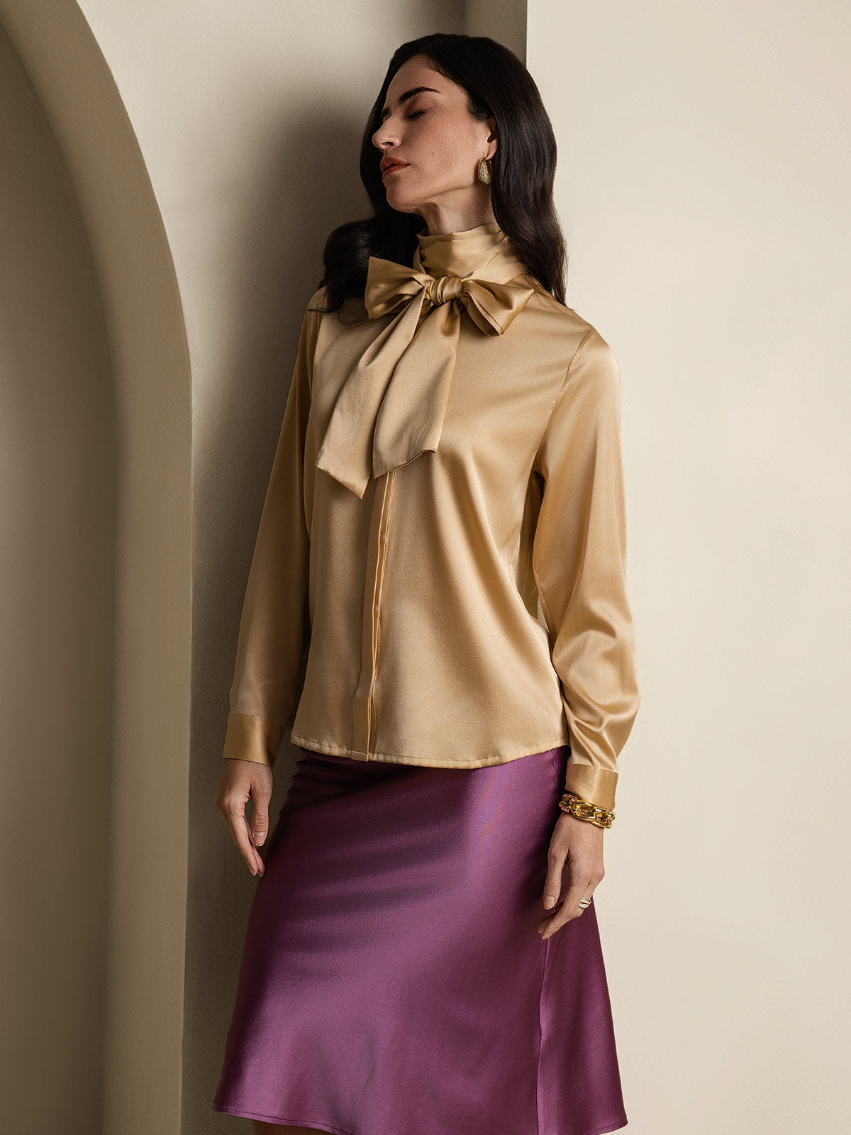 [Champagne] SilkSilky-IT 19Momme Manica lunga Camicette 005