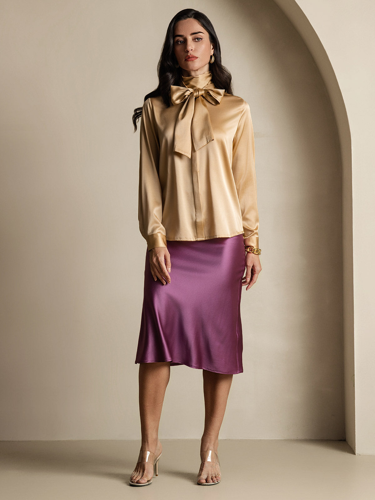 [Champagne] SilkSilky-IT 19Momme Manica lunga Camicette 010