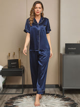 [Blu Scuro] SilkSilky-IT Short Sleeve Lapel Collar Pigiami da donna 001