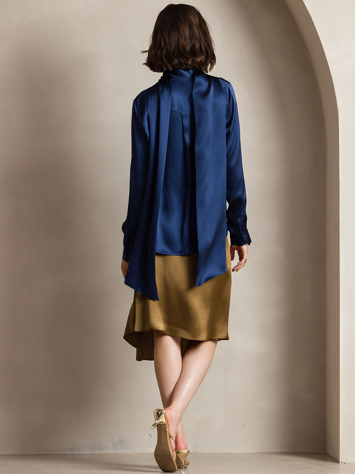 [Blu Scuro] SilkSilky-IT 19Momme Seta Manica lunga Blouse 002