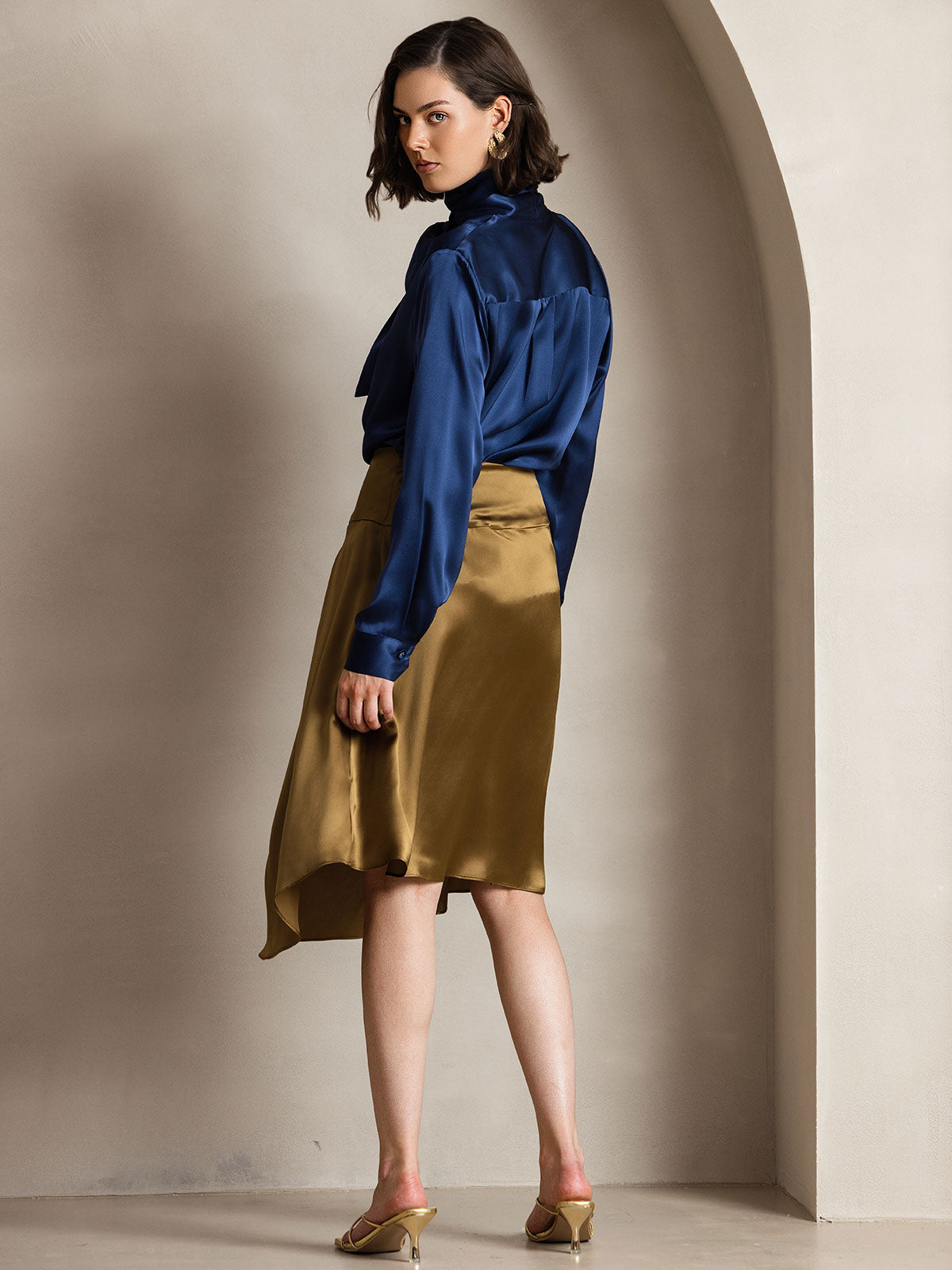 [Blu Scuro] SilkSilky-IT 19Momme Seta Manica lunga Blouse 004