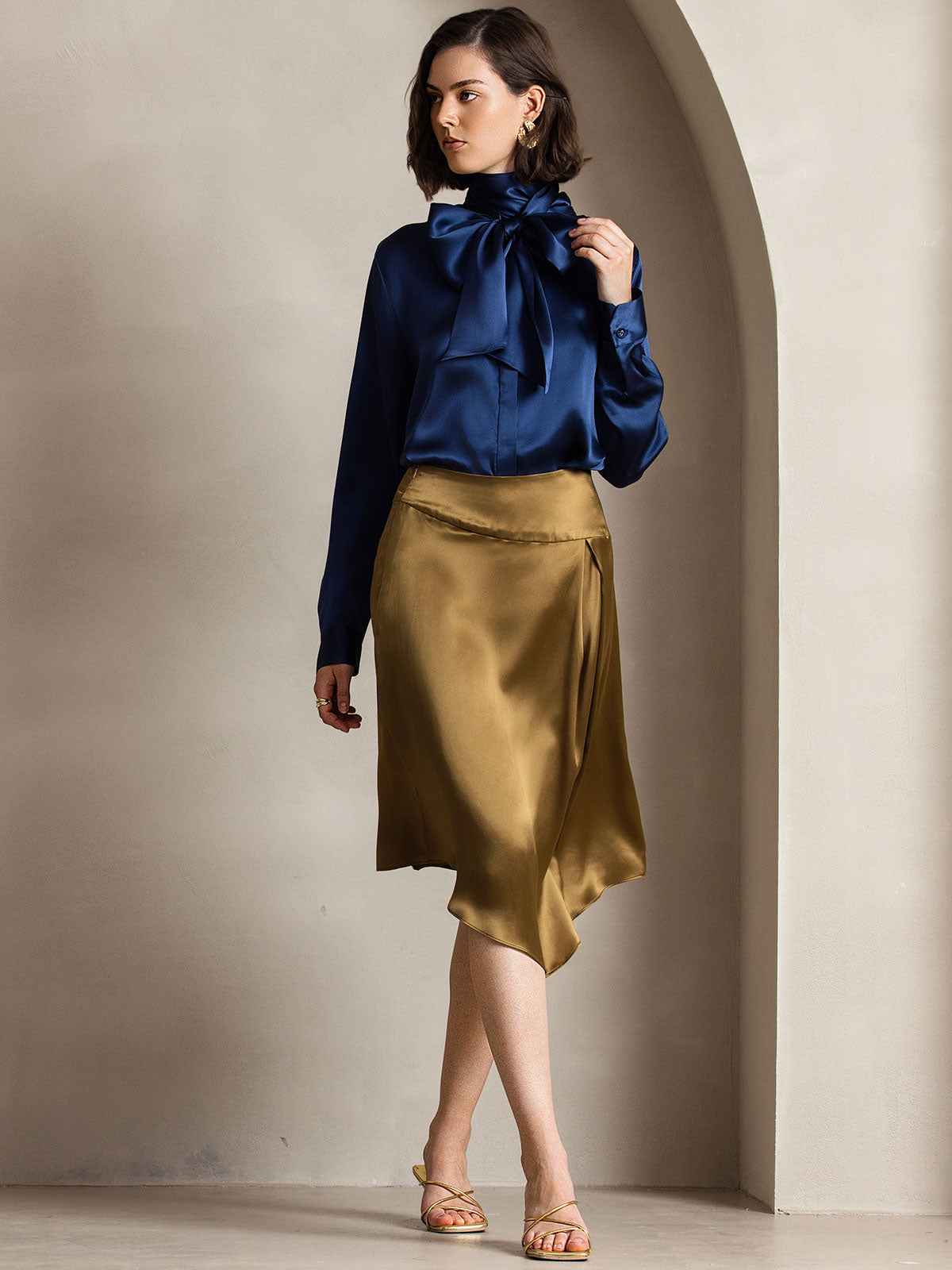 [Blu Scuro] SilkSilky-IT 19Momme Seta Manica lunga Blouse 007