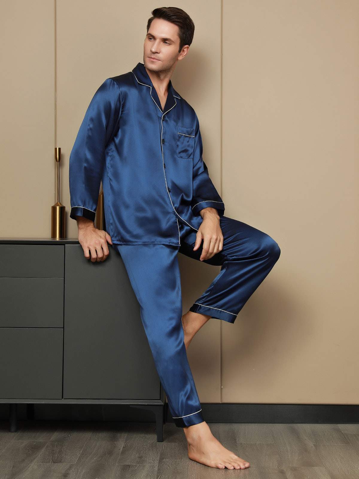 [Blu Scuro] SilkSilky-IT Long Sleeve Lapel Collar Pigiami da uomo 001