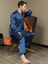 [Blu Scuro] SilkSilky-IT Long Sleeve Lapel Collar Pigiami da uomo 008