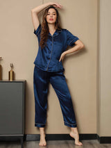 [Blu Scuro] SilkSilky-IT Maniche Corte Collo a Taglio Pigiami da donna 001