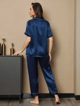 [Blu Scuro] SilkSilky-IT Maniche Corte Collo a Taglio Pigiami da donna 002
