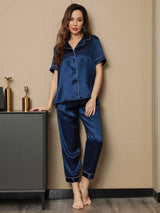 [Blu Scuro] SilkSilky-IT Maniche Corte Collo a Taglio Pigiami da donna 003