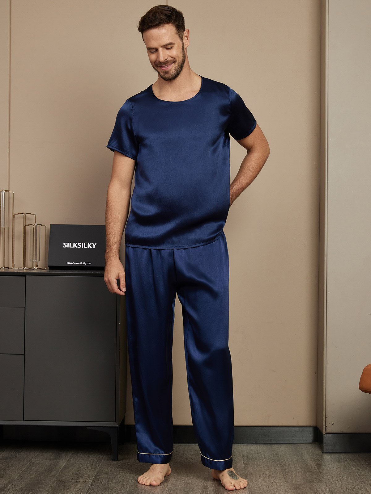 [Blu Scuro] SilkSilky-IT Short Sleeve Round Neck Pigiami da uomo 001