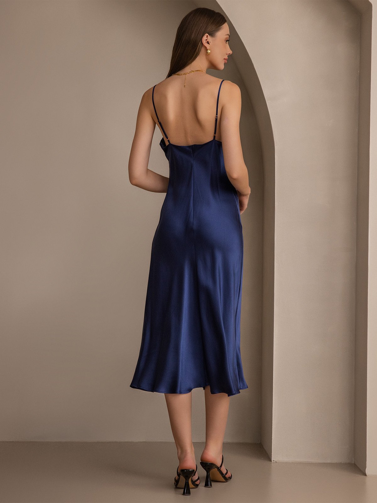 [Blu Scuro] SilkSilky-IT Tirantes Finos Collo drappeggiato Vestiti da donna 002