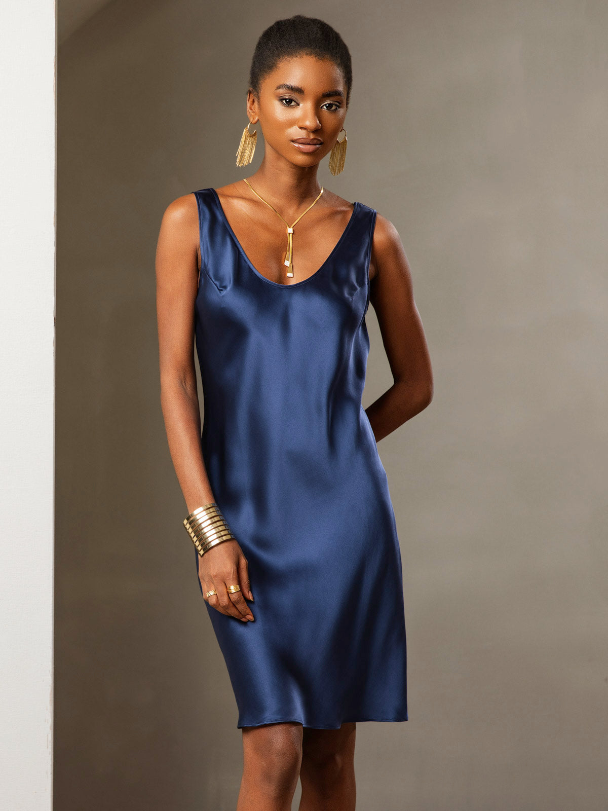 [Blu Scuro] SilkSilky-IT Senza maniche Scollo A Coppa Vestiti da donna 001