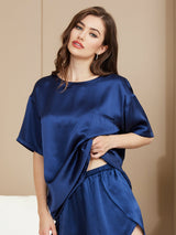 [Blu Scuro] SilkSilky-IT Short Sleeve Round Neck Pigiami da donna 003