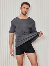 [Grigio Scuro] SilkSilky-IT Maniche Corte Collo Rotondo Aderente Maglietta da uomo 005
