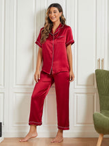 [Rosso Scuro] SilkSilky-IT Short Sleeve Lapel Collar Pigiami da donna 002